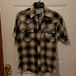 Men's Plaid Pearl Snap Button-Down Shirt - Black and Tan